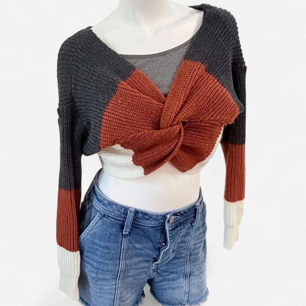 Knitted cropped top sweater v-neck knot women small streetwear colorblock